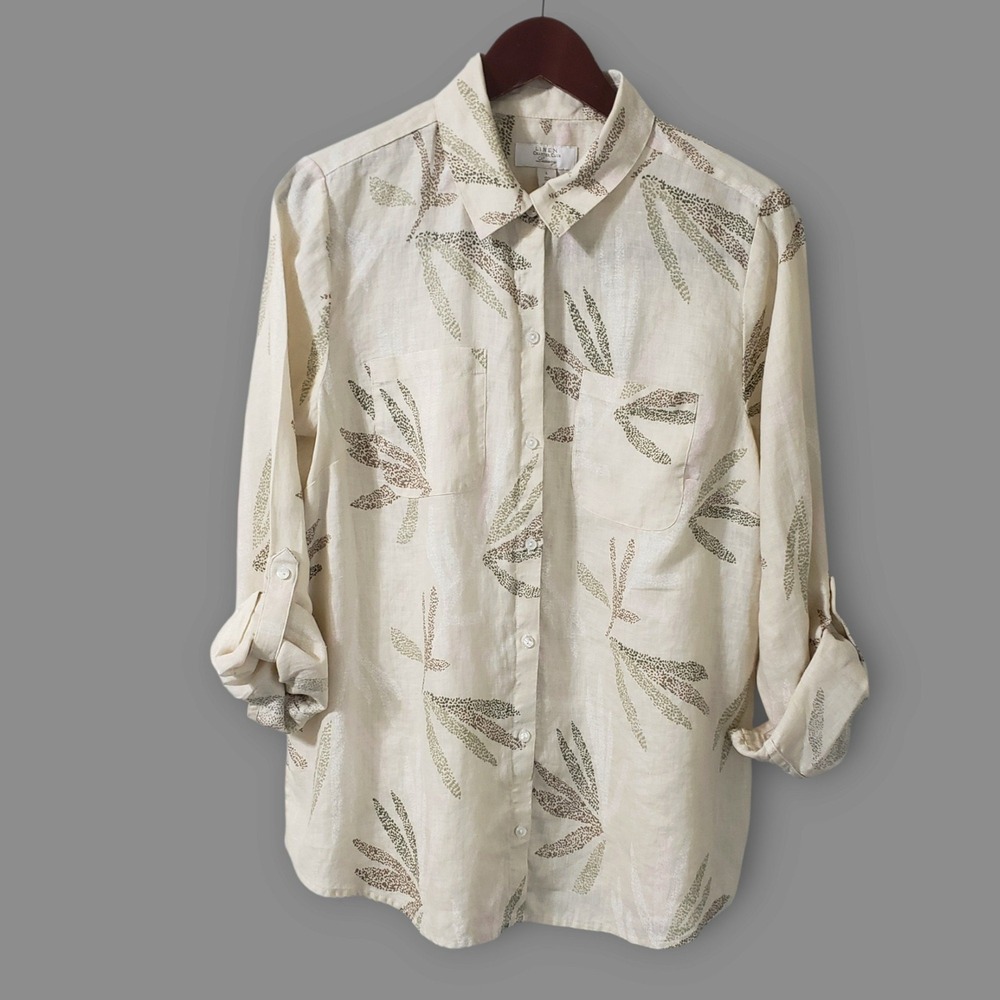 Charter Club Luxury Linen Button Down Shirt Large Beige Green Pink Leaf Print
